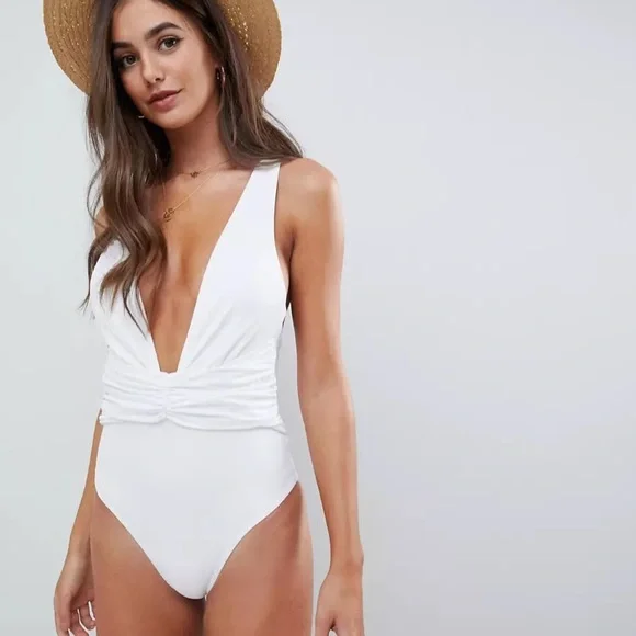 ASOS Swim New Asos Tall Plunge Ruched Front Swimsuit In